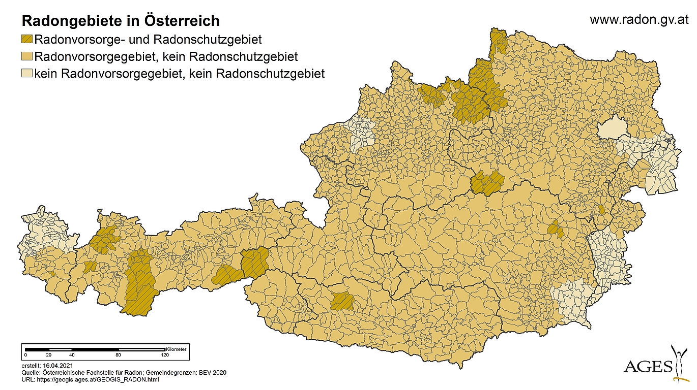 Die Radonkarte zeigt, welche Gebiete Radonvorsorgegebiete und welche Radonschutzgebiete sind. 