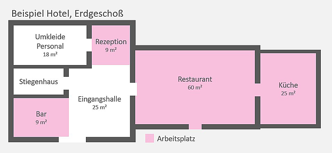 Grundriss Erdgeschoß Hotel mit Rezeption, Restaurant, Bar und Küche (Vergrößert das Bild in einem Dialog Fenster)